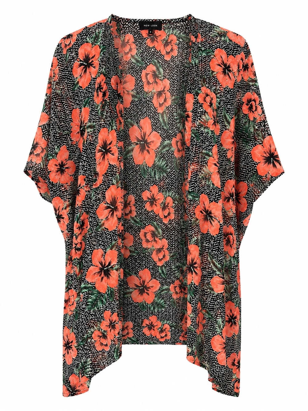 New Look Coral Floral Blouse with Green Leaf Accents